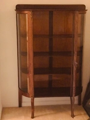Antique Curved Glass CURIO CABINET with 4 Shelves & Key 1800s China/Display Case - Image 1 of 4