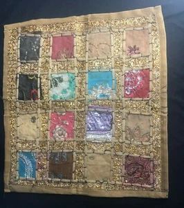 Handmade Embroidery Sequin Patchwork Pillow Cushion Cover Gold Boho Chic 17" - Picture 1 of 2
