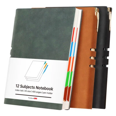12 Subjects Leather Notebook for School and Work, Color Tabs A5 Size Wide Ruled - Image 1 of 4