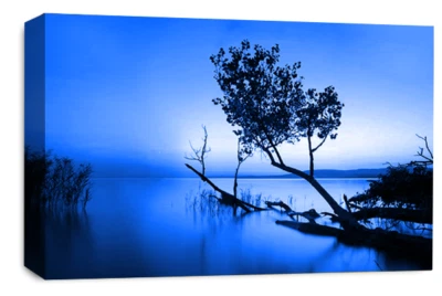 Large Floral Landscape Sunset Art Print Blue Grey Framed Canvas Picture - Image 1 of 4