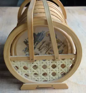 set of 6 vintage coasters wicker caddy Jamaica souvenir 3" diameter - Picture 1 of 12
