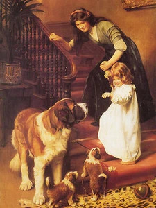 SAINT BERNARD LADY AND SMALL CHILD LOVELY VINTAGE IMAGE DOG GREETINGS NOTE CARD - Picture 1 of 1