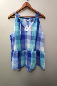 LOFT Women’s Large Blue Plaid Keyhole Peplum Tank Top NWT Lightweight - Picture 1 of 12