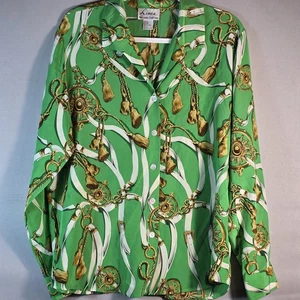 Linea by Louis Dell’Olio L 100% Seide Bluse Grün Gold Quaste Kette Langarm - Bild 1 von 8