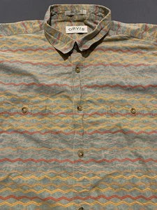 Vintage Orvis Zigzag Shirt Mens XXL Green Cotton Button Down Short Sleeve - Picture 1 of 9