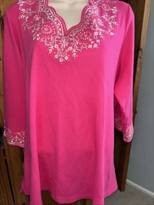 Quacker Factory Bright Pink Flowers 3/4 Sleeve Cotton Tee Top Size Xl - Picture 1 of 3