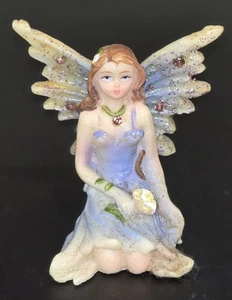 Fairy Blue Miniature Resin Figurine 3"x 3" Kneeling With Flower Shimmery Glitter - Picture 1 of 3