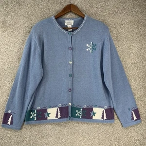 NWT Christopher & Banks XL Hand Embroidered Christmas Cardigan Blue Granny Core  - Picture 1 of 6