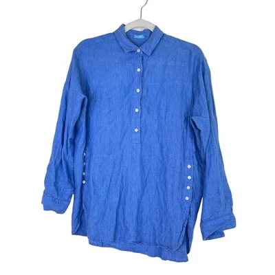 Туника на пуговицах льняная J. McLaughlin топ синяя прибрежная пляжная с длинным рукавом маленькая - Изображение 1 из 4