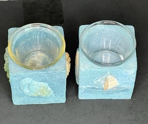 Seashore Square Resin 2 Votive Tea Light Candle Holders Turquoise Boat Shell - Picture 1 of 12