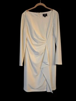Adrianna Papell Dress Size 10P In White/Ivory, Long Sleeve Asymmetrical Ruch - Image 1 of 4