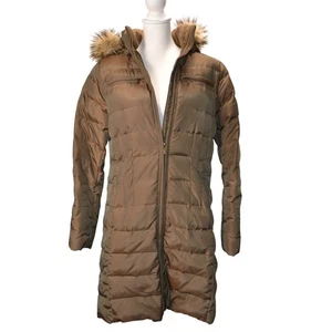 Lands End Women's Puffer Coat Size S Beige Down Filled Faux Fur Trim Hooded - Picture 1 of 6