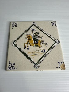 Delft Tile Polychrome Man Horse Flag Dutch Vintage Decorative Faults - Picture 1 of 8