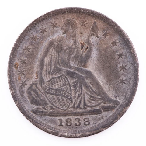 1838 Seated Liberty Half Dime AU Details Large Stars Toned Silver 1/2 Dime Cover
