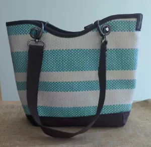 Thirty One Tote Bag Woven Teal & White Stripes NWOT - Picture 1 of 7