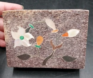Piedra de jabón madreperla con incrustaciones de flores bolígrafo de escritorio tarjetero de visita tallado 4x3" - Imagen 1 de 17