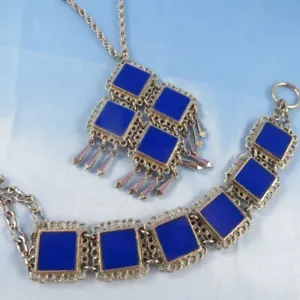 Vintage Celebrity N.Y. Rot Blau Emaille Armband Halskette Glieder Set Silberfarben - Bild 1 von 12