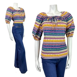 VTG 70s BLUE YELLOW PINK STRIPED DAISY GEOMETRIC PUFF SLEEVE BOHO BLOUSE 12 14 - Picture 1 of 6