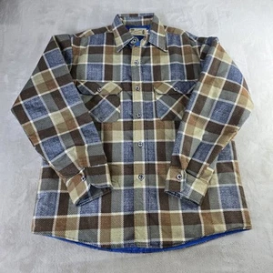 Veste caban en flanelle vintage Sears taille Lg Fieldmaster Perma Press à carreaux marron bleu - Photo 1/6