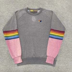 Aviator Nation Sweatshirt Womens XS Rainbow Stripe Sleeve Sweater Gray Pink USA - Picture 1 of 14