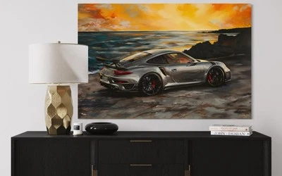 Auto Leinwand Bild Motivation Farbig Luxus Kunst Autos Wagen Meer Sunset - Bild 1 von 4