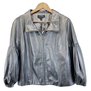 St John Leather Jacket Womens Large Pearlized Steel Gray Quiet Luxury Old Money - Picture 1 of 18