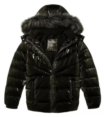 Chaqueta acolchada Justice Girls negra 12/14 Sherpa forrada cremallera completa capucha bolsillos logotipo Foto 1 de 4