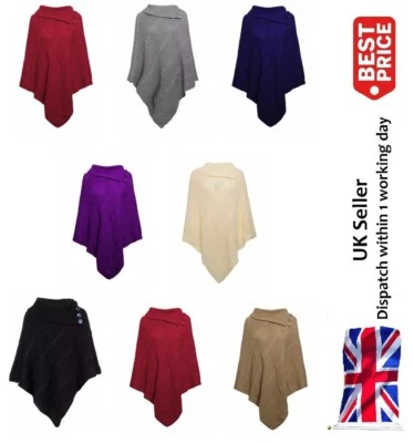 Ladies Cape Poncho Shawl Long Stretch Knitted 3 Button Collar Jumper Top Poncho - Image 1 of 3