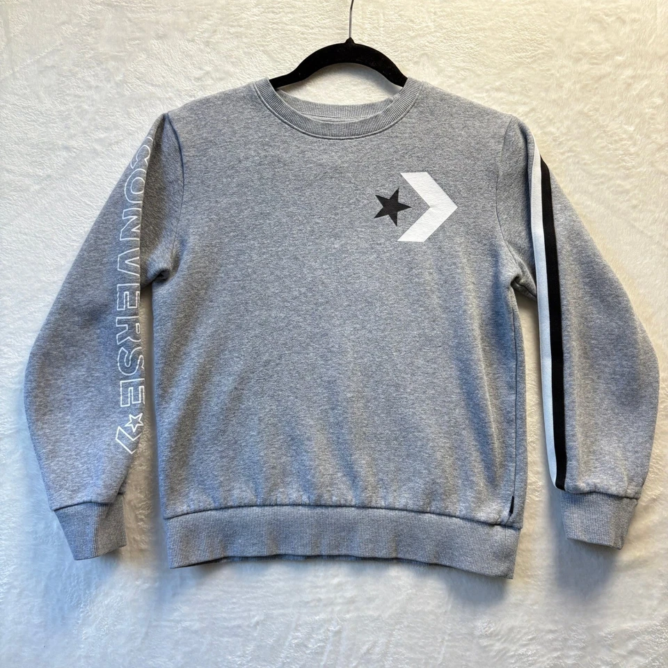 Sudadera Pullover Converse Niños Talla Grande Gris Cuello Redondo Logo Rayas Spellout Foto 1 de 4