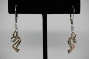 Sterling Silver & 10K Rose Gold 1/15 cttw Diamond Drop Dangle Earrings - Picture 1 of 7