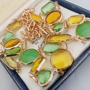Vintage Art Deco Style - Glass Bezel Set - Green & Yellow Shades Necklace - 31" - Picture 1 of 4