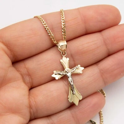 1 1/2" Crucifix Cross Pendant & Chain Necklace Set Real 10K Yellow White Gold - Image 1 of 4