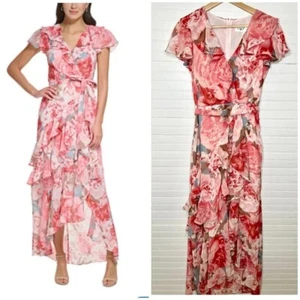 Eliza J Pink Floral Print Chiffon Faux Wrap Asymmetrical Ruffle Maxi Dress Sz 6 - Picture 1 of 12
