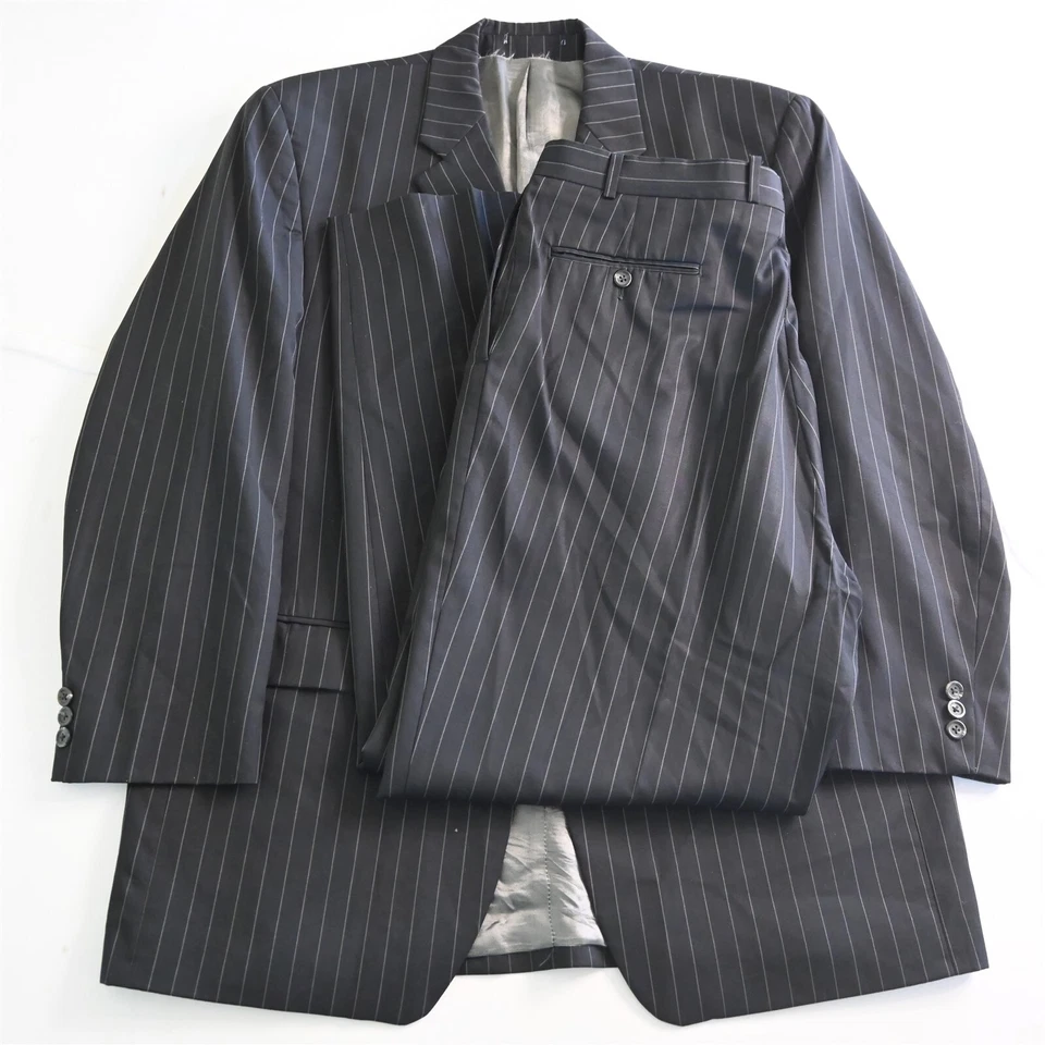 Traje De Colección Ralph Lauren Etiqueta Azul 46R 36x32 Negro Rayas Anchas 100% Lana Para Hombre Foto 1 de 4