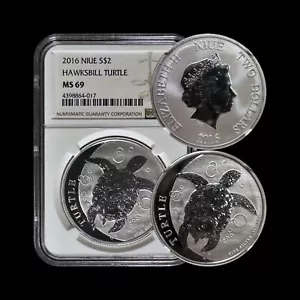 NIUE. 2016, 2 Dollars, Silver - NGC MS69 - Top Pop 🥇 Hawksbill Turtle - Picture 1 of 5