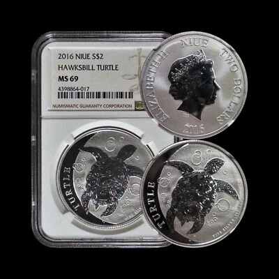 NIUE. 2016, 2 Dollars, Silver - NGC MS69 - Top Pop 🥇 Hawksbill Turtle - Image 1 of 4