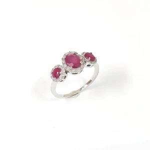 14k White Gold Trilogy Oval and Round Trilogy Natural Red Ruby and Diamond Ring - Picture 1 of 6