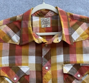 Lucky Brand Shirt Mens Large Pearl Snap Button Up Western Plaid Orange Red - Picture 1 of 9