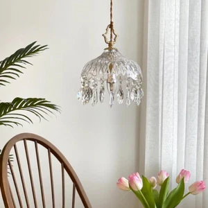 Antique Brass Hanging Ceiling Light Retro Crystal Clear Pendant Lamp for Bedroom - Picture 1 of 15