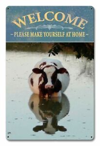 Welcome Please Make Yourself At Home Cow In Pond Heavy Duty Usa Made Metal Sign
