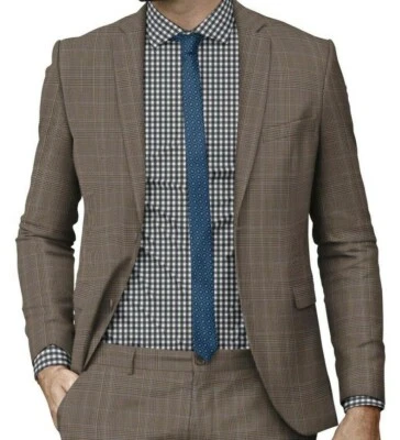 Mens Tan Khaki Beige Suit bespoke Tailored Prince of Wales Check Wool Suits - Image 1 of 4