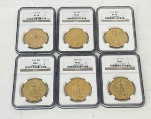 RARE SET OF 6  MS62 US $20.00 GOLD CIRCA 1925 BY NGC SAINT GAUDENS - Picture 1 of 6