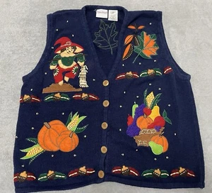 Bobbie Brooks Novelty Cardigan Sweater Vest Womans XL Blue Fall Harvest - Picture 1 of 15