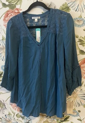 NUEVA NUEVA CON ETIQUETAS Blusa Boho John Paul Richard Teal Top Crochet Bordada Talla Grande Foto 1 de 4