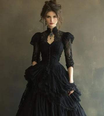 Vintage Black Wedding Dresses High Neck Floor Length A Line Gothic Bridal Gowns - Image 1 of 4