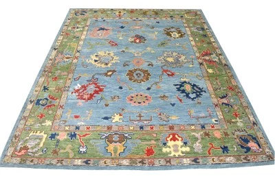 Alfombras de lana diseño moderno Teniente Azul Verde Alfombra Oushak Hecha a mano 8x10, 9x12, 10x14 pies Foto 1 de 4