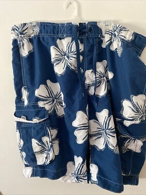 Shorts de tabuleiro Arizona masculino tamanho grande azul com estampa de hibisco branco  - Imagem 1 de 4