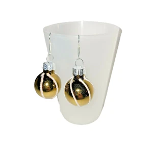 Gold Metallic White Glitter Glass Ball Christmas Ornament Holiday Earrings 2" - Picture 1 of 2