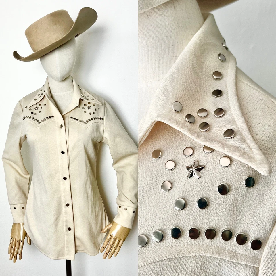 Camisa Blusa SILVER STARS & Studs Años 70’s Vintage Crema Rodeo Occidental S 36b Foto 1 de 4