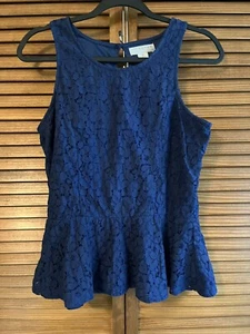 Kenar Women’s Medium Blue Peplum Laced Blouse Top Sleeveless Ruffled Hem Lined - Picture 1 of 5